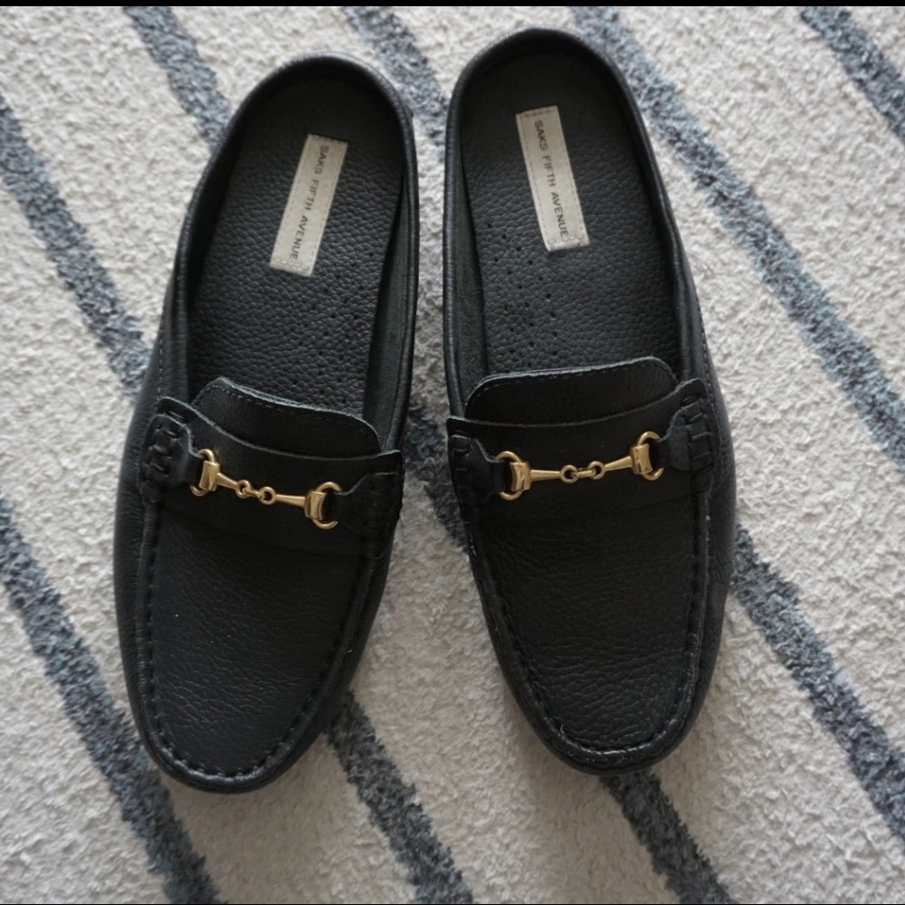Saks Fifth Avenue Black Leather Horsebit Loafer Slip On Flats Womens 8